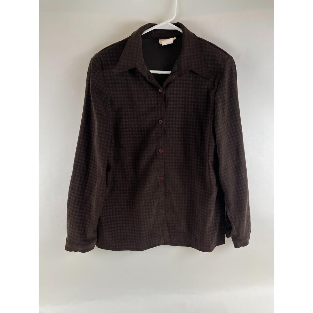 Jaclyn Smith Shirt Women's Size Medium? Brown Houndtooth Shoulder Pads Button Up